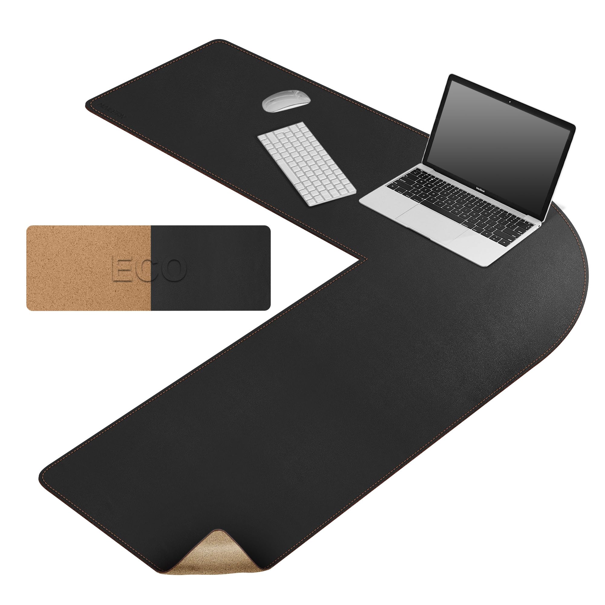 MAIDERN L Shaped Corner Desk Mat, 110x110x33cm Cork & Leather Reversible Desk Pad for Gaming Computer Office Home (Black)