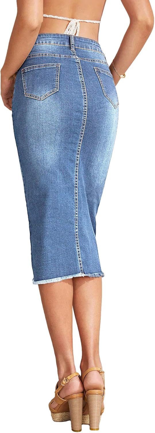 SheIn Women's Slit Midi Denim Skirt Below Knee Length Stretchy Slim Fit Jean Pencil Skirt: Clothing