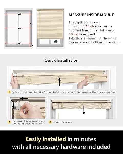 UNISHADES NO DRILL BLINDS FOR WINDOWS 1″ VINYL L-SHAPED SLATS CORDLESS MINI BLINDS FOR HOME, FOR WINDOW SIZE 20″ W × 64″ H WHITE