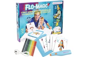 Flo-Magic Adventure Airbrush Marker Stencil Art Kit- Rocket, Race Car, Dinosaur- Washable Non-Toxic, Rechargeable- Craft kit for Kids Age 5 6 7 8 9 10