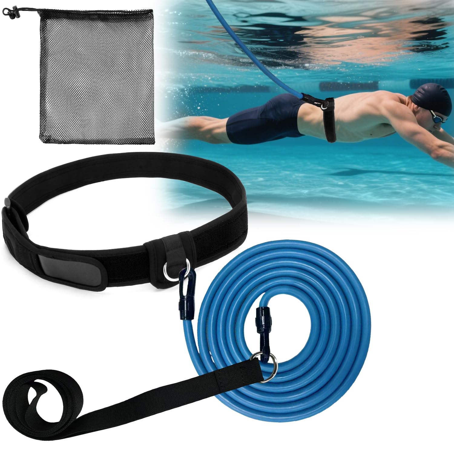 YUJHON Swimming Training Belt,Adjustable Swim Resistance Belt,Stationary Swimming Tether with Bungee Cord & Loop,Swim in Place Harness for Pool Training & Exercise