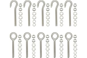 HAMINELER 10PCS M6 Stainless Steel Ring Eye Bolts Hook, Welded Closed Screw Rod Eye Screw Bolts and Bolts Hook with 20 Nuts 40 Washers