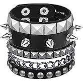 LIQWEI 3Pcs Punk Studded Bracelets, Goth Spike Bracelets, Leather Cuff Bracelet for Men Women, Adjustable Metal Wristband for Halloween Accessories for Rocker Outfits