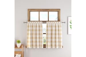 Short Curtains for Windows Treatment Buffalo Check Plaid Valances Gingham 2 Pack Tiers Rod Pocket Beige and White Farmhouse D