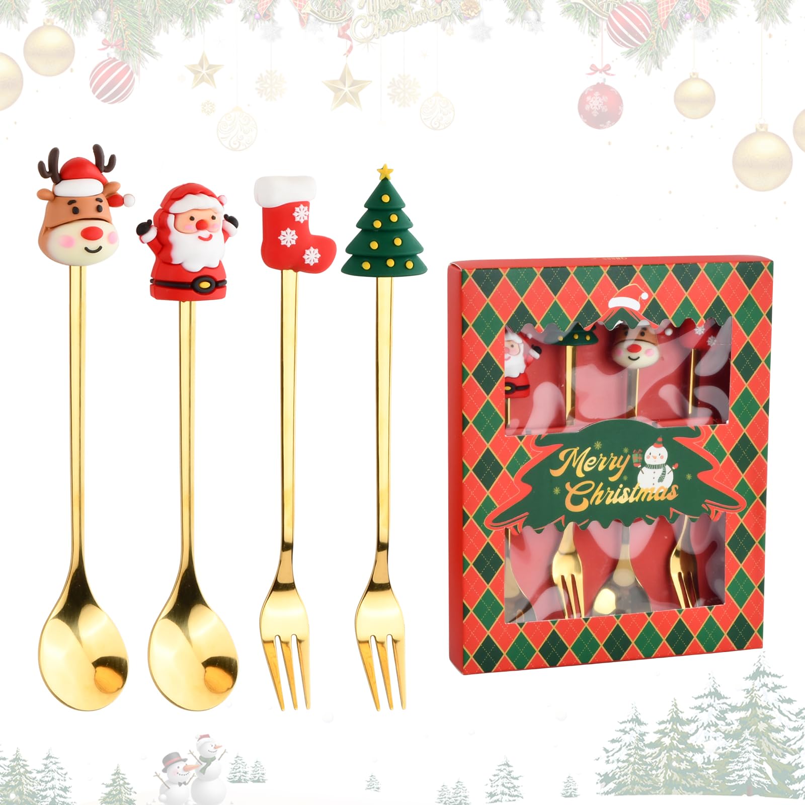 Volumoon Christmas Tableware, 4-Piece Set - Stainless Steel Coffee & Tea Spoons, Dessert & Fruit Forks, Gift Packed
