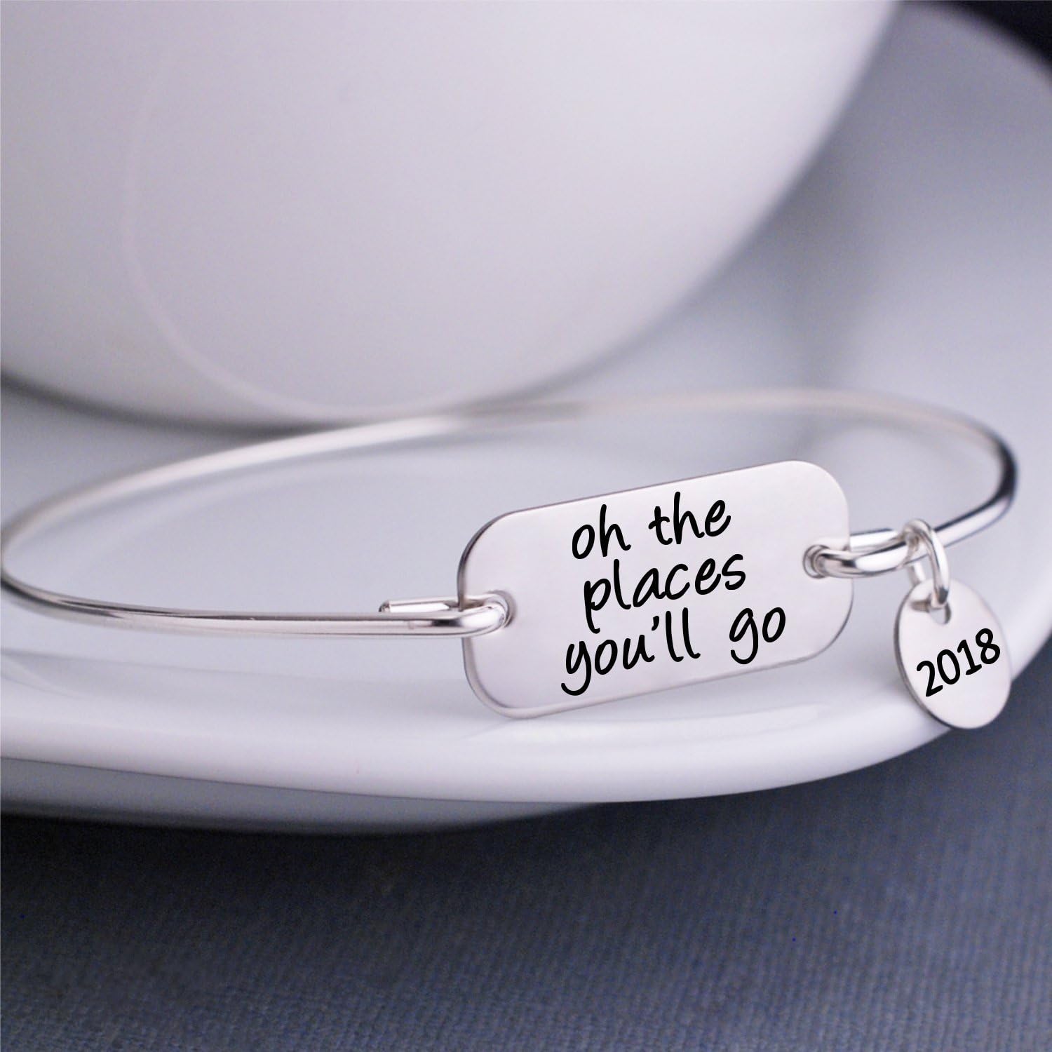 Sterling Silver Oh the Places You'll Go Bangle Bracelet, Personalized Dr. Suess Jewelry