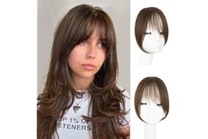EINAEY Clip in Bangs, 100% Real Human Hair Medium Brown Fake Bangs Clip in Hair Extensions French Bangs Fringe with Temples Hairpieces for Women Curved Curtain Bangs for Daily Wear