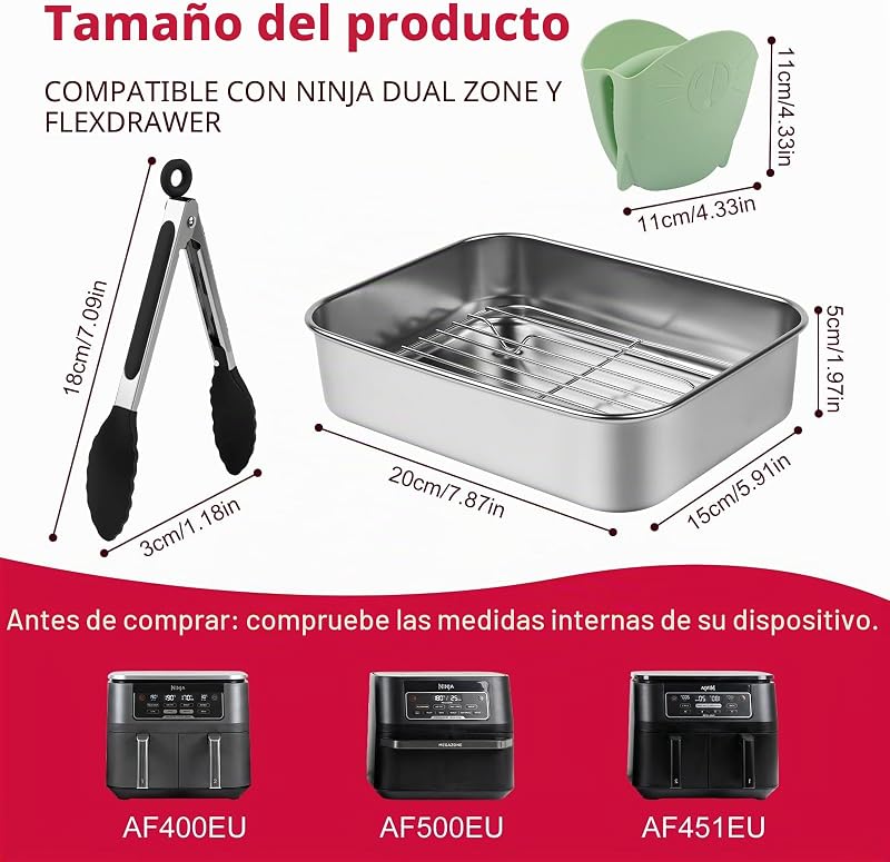 Recipiente air fryer,Accesorio para freidora de aire,bandeja air fryer acero inoxidable 304, compatible con Ninja 7,6L/ 9,5L/ 10,4L AF400EU/AF451EU/AF500EU/DZ400EU, apta para lavavajillas