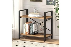 BON AUGURE Small Bookshelf for Small Space, Industrial 2 Tier Wood Metal Bookcase, Rustic Short Book Shelf for Living Room, Bedroom and Office (Vintage Oak)