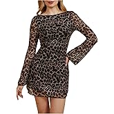 MakeMeChic Women's Cheetah Print Mini Dress Y2k Bell Sleeve Leopard Print Dress Going Out Outfits