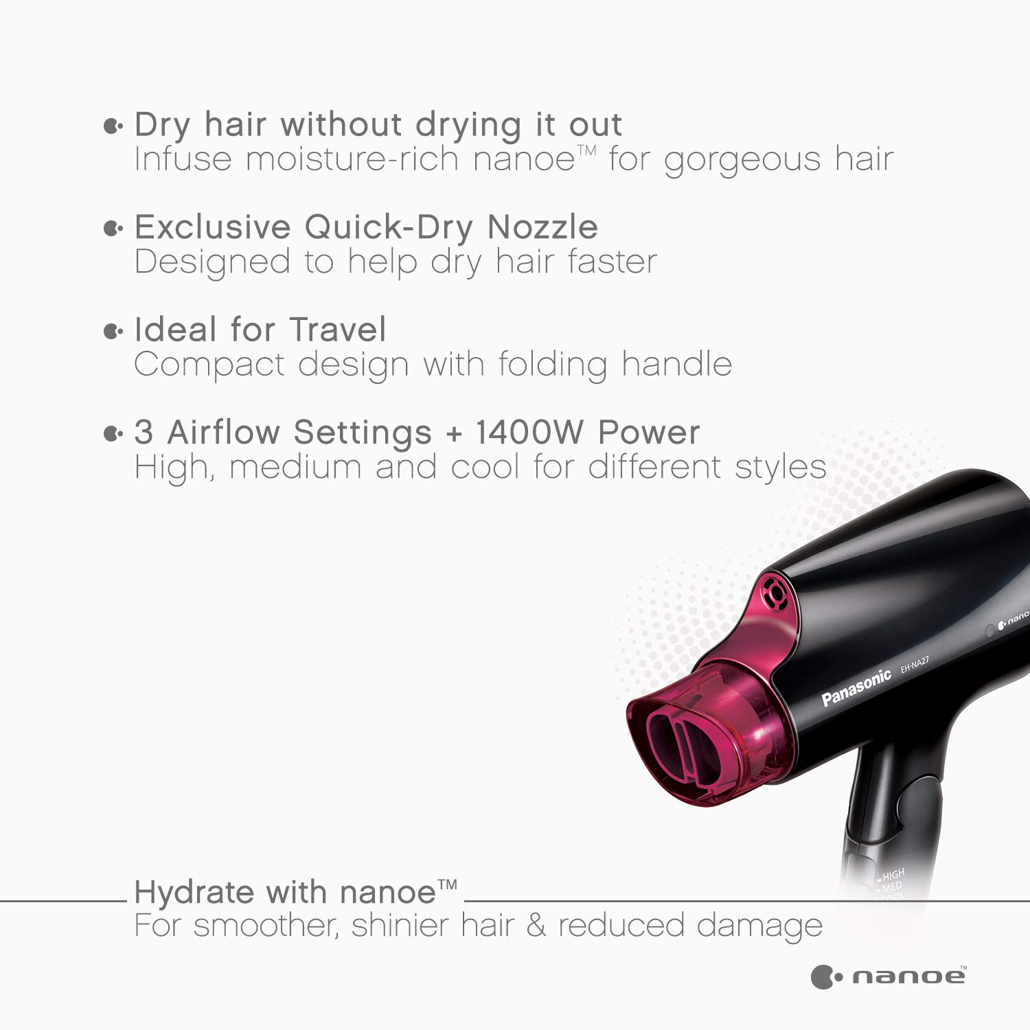 Panasonic Compact Hair Dryer with Nanoe Technology for Smoother, Shinier Hair, Includes Quick-Dry Nozzle and Folding Handle for Travel, Black, Pink EH-NA27-K: Beauty
