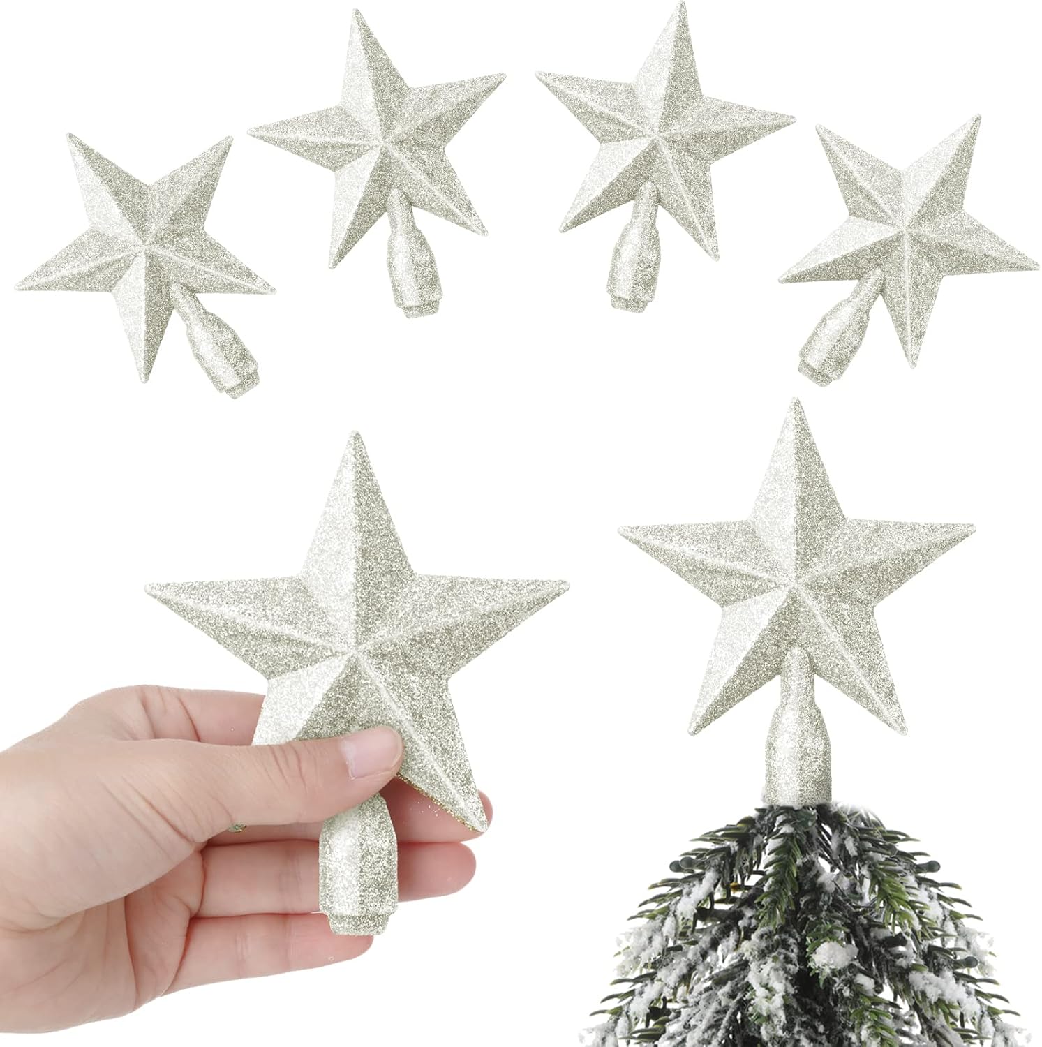 Tree Toppers - 4 Pcs 4 Inches Glitter Star Christmas Tree Topper Mini Christmas Star Tree Toppers Decorative Small Christmas Tree Decoration Treetop for Holiday Ornament Home Decor (White)