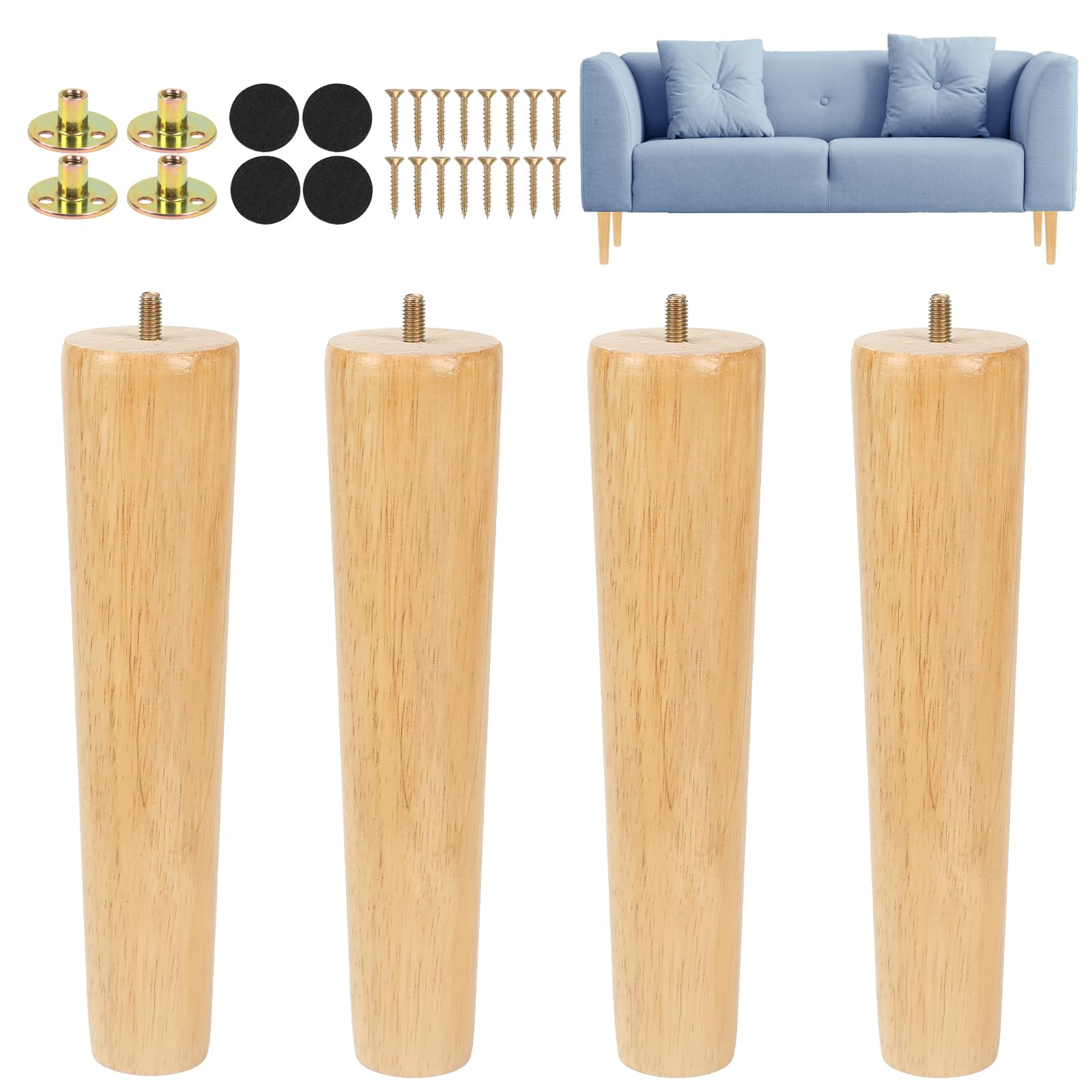 Luabue 4 Pack Wooden Furniture Legs 25cm Chair Legs Table Leg Bed Leg 10 inch Sofa Feet, Solid Rubber Wood Cabinet TV Stand Dresser Couch Feet Replacement with Non-Slip Floor Protection Pads & Screws