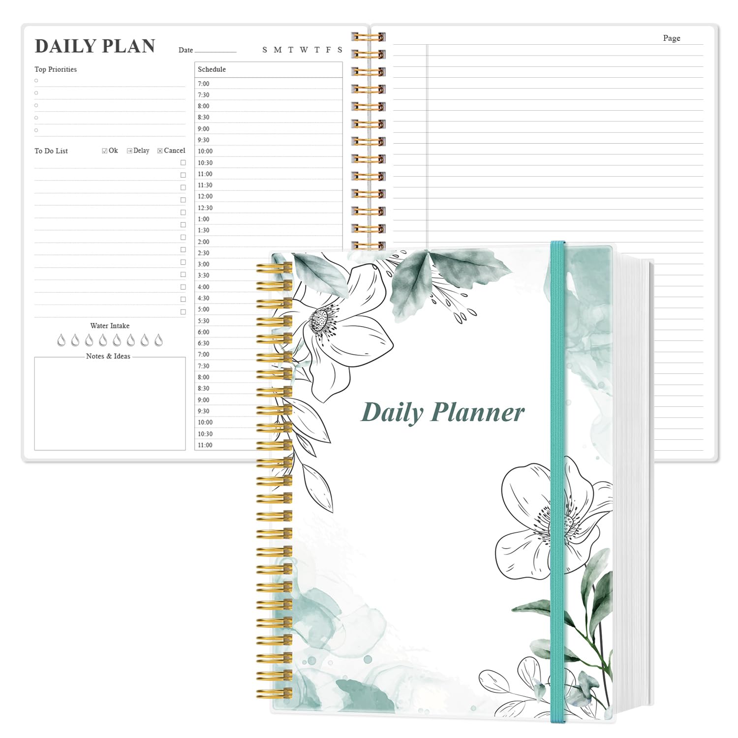 Daily Planner Undated - A4 To Do List Notebook Hourly Schedules, 150 Sheets/300 Pages Spiral Appointment Planner for Women and Men,PVC Hardcover, Inner Pocket, Large Size Planner, Teal Flowers