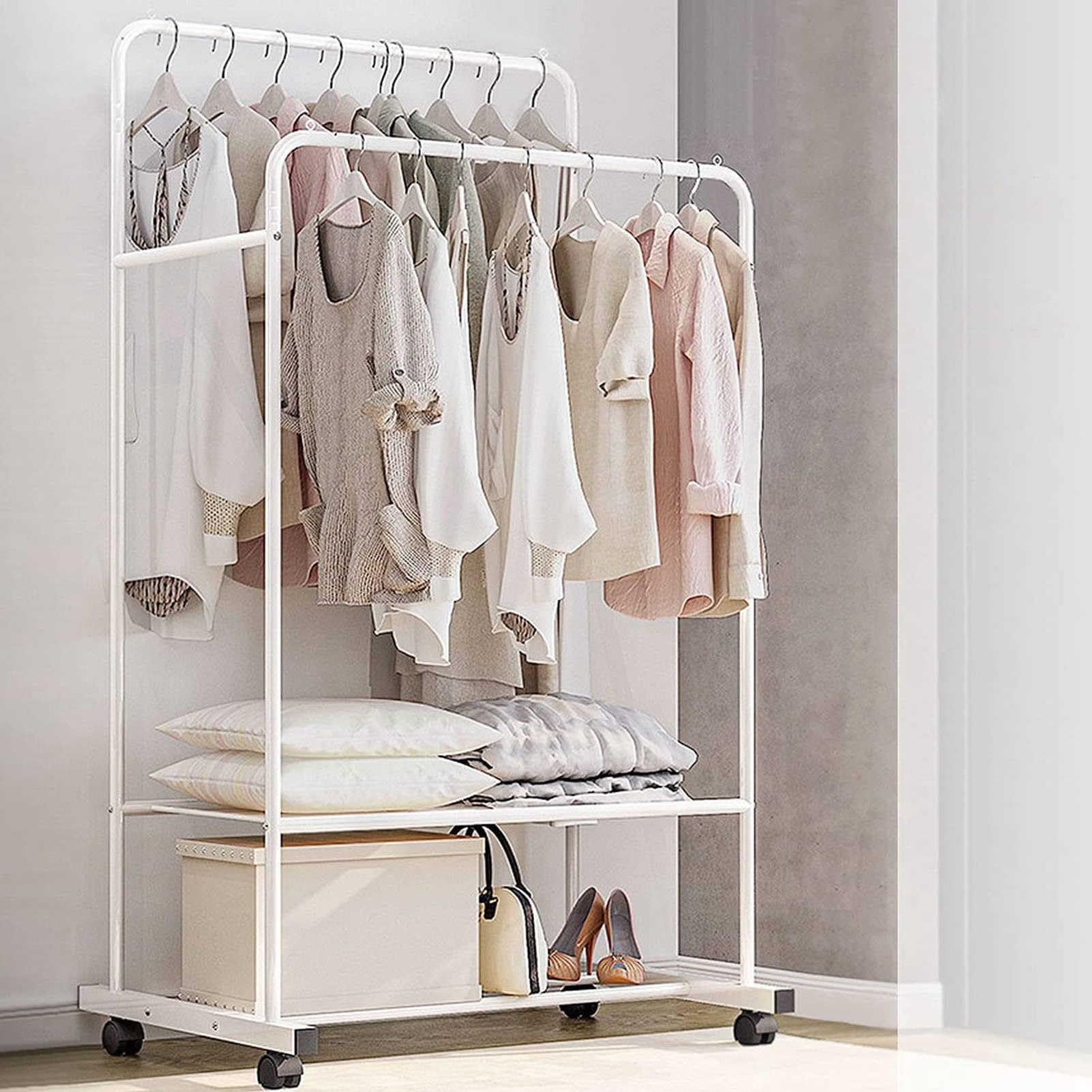 Photo 1 of TeqHome Garment Rack, 63" Freestanding Clothes Rack Shoe Clothing Organizer Shelves,Multifunctional Clothes Wardrobe with 4 Wheels & 2-Tier Storage Shelf,Coated Iron Frame,Easy Assembly,Max Load 66lbs