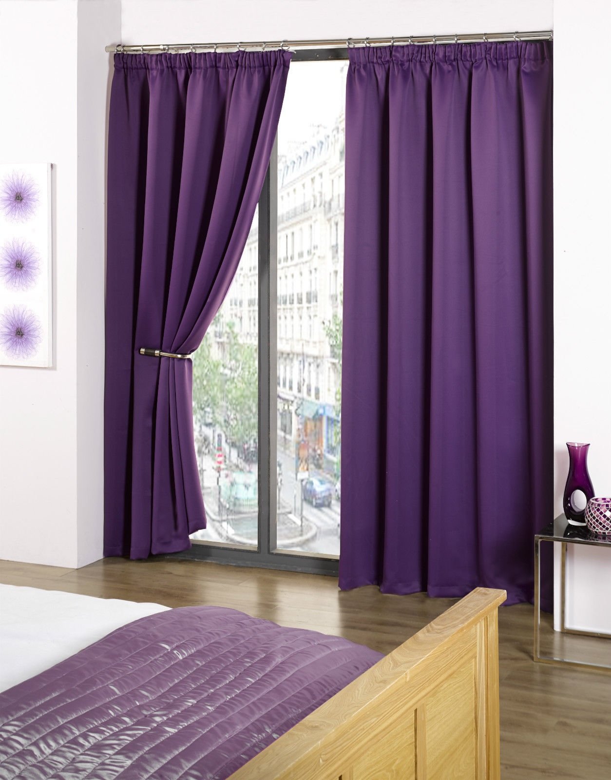 RAYYAN LINEN Thermal Pencil Pleat Blackout Tape Top Pair of Curtains With Free Tiebacks (90" X 90", Aubergine (Purple))