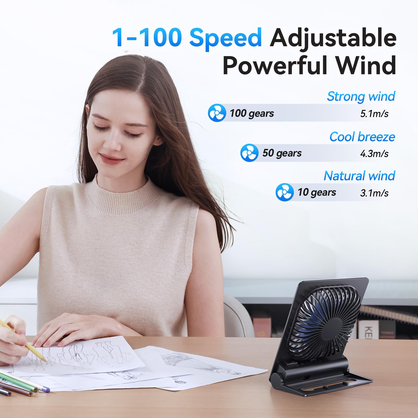 Desk Fan, 6.61''Ultra-thin 5000mAh Battery Powered Fan with Powerful Wind,100 Speeds Adjustable&Digital Display,Timer,Ultra-quiet Small Portable Fan for Bedroom,Office,Travel,Summer Essentials