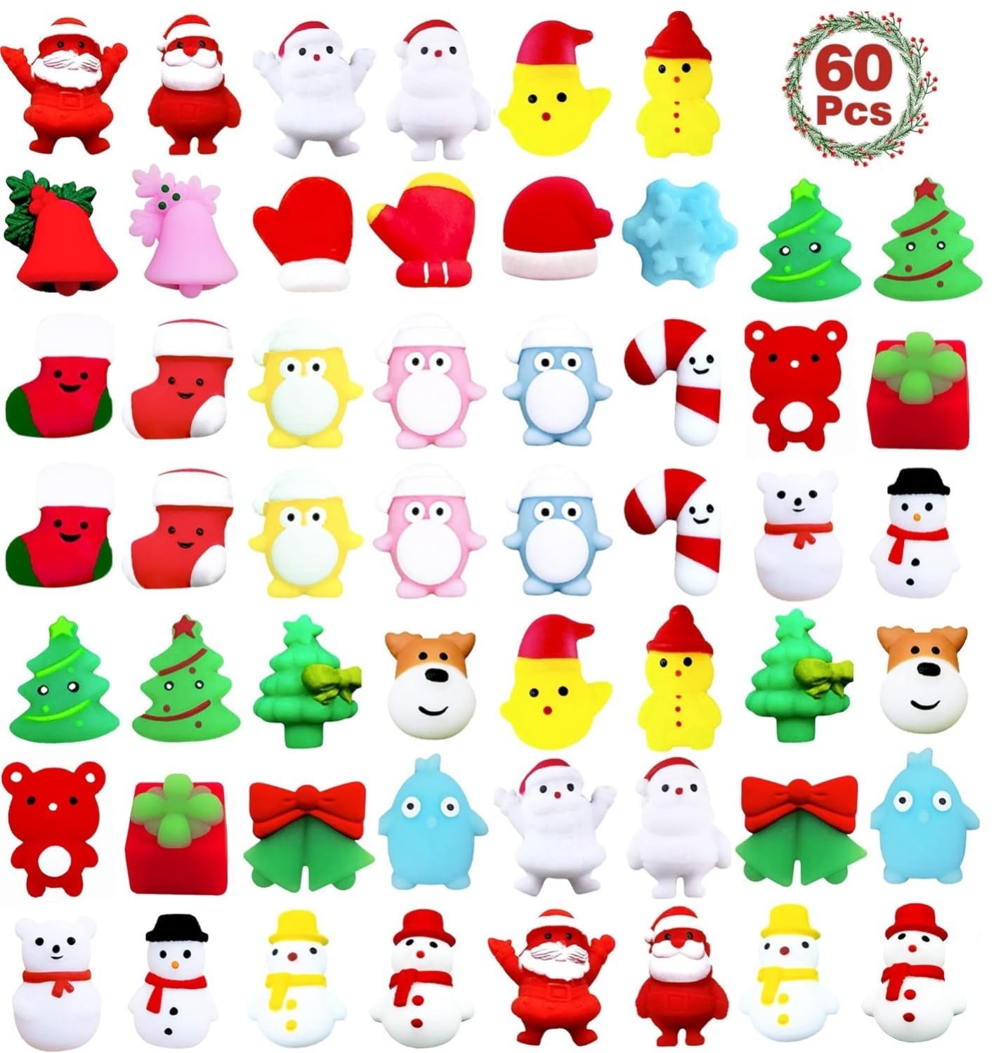 LATERN 60Pcs Christmas Mochi Squishy Toys, 30 Styles Christmas Mini Kawaii Moji Santa Snowman Bell Xmas Tree Squeeze Soft Fidget Toys for Xmas Bags Fillers Treats Party Favors Gifts (3.5cm x 4.5cm)