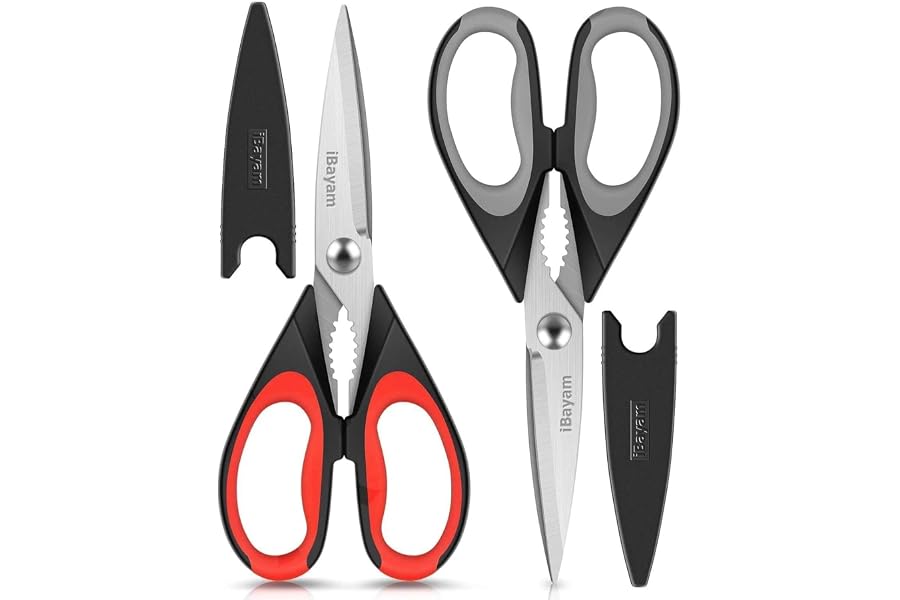 iBayam Kitchen Scissors Shears All Purpose Heavy Duty, Protective Sheath | 2-Pack, Ultra-Sharp Stainless Blades, Soft Comfort Book