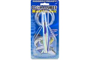 C&H LURES C&H Rattle Jet Trolling Lure – Rigged & Ready with Mustad Hook, AFW Swivel, Grand Slam Mono Line – 6 ft Skirted Saltwater Fishing Lure for Offshore & Big Game