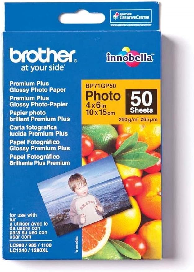 Brother BP71GP50 Photo Paper, 6" x 4", Premium Plus Glossy, 15cm (W) x