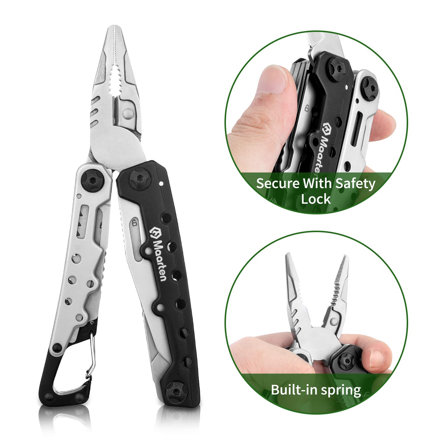 Maarten Multifunktionszange, 11 in 1 Kleines Karabiner Multitool Werkzeug, Faltbares Edelstahl Multifunktionswerkzeug mit Sicherheitsschloss und Nylonscheide, Geschenke für Männer Weihnachtsgeschenke 2