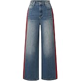Womens Patchwork Stripes High Waisted Stretchy Denim Color Block Wide Leg Jeans