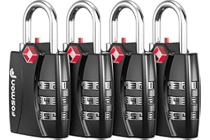 Fosmon TSA Accepted Luggage Locks (Black - 4 Packs), Open Alert Indicator 3 Digit Combination Padlock Codes for Travel Bag, S