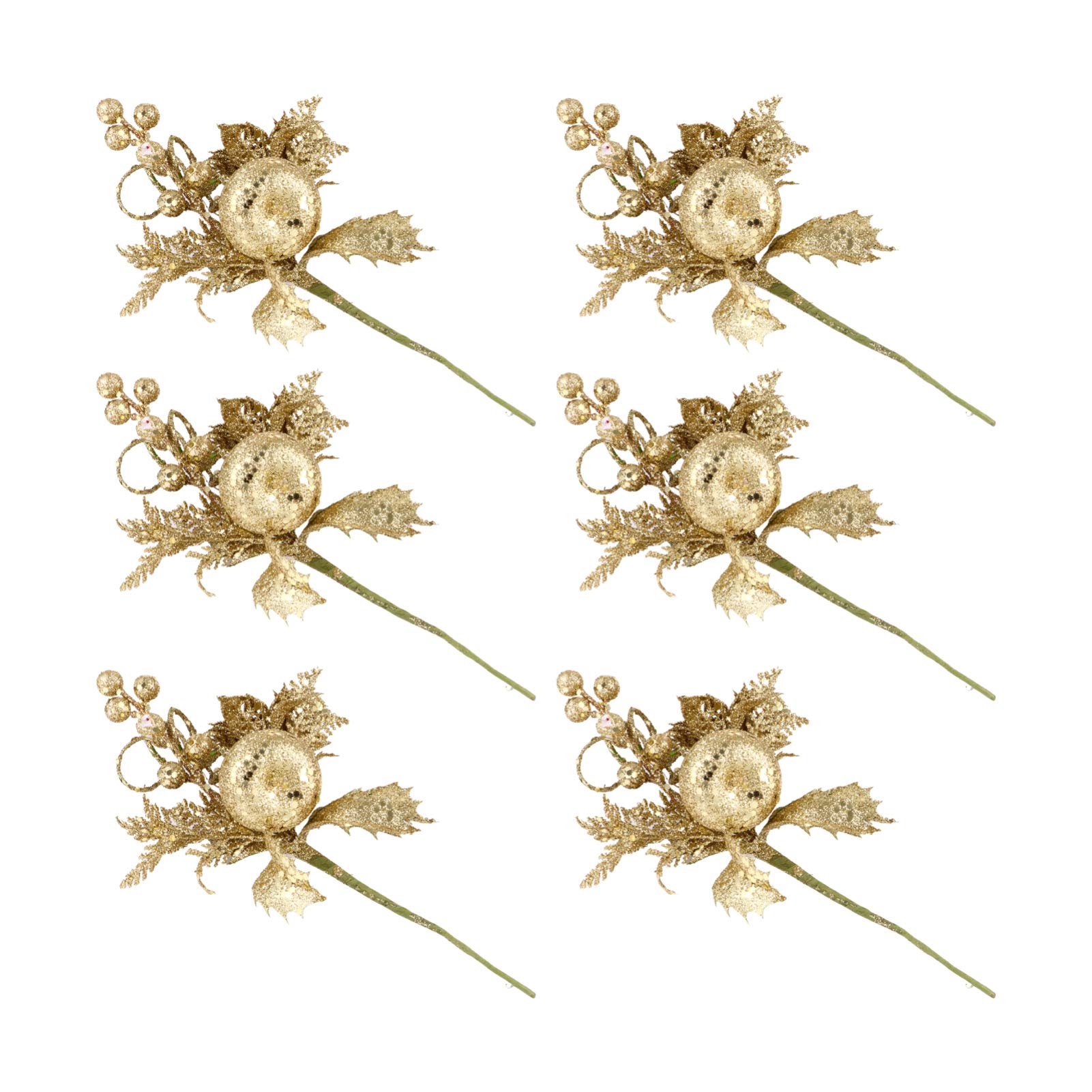 Milisten 6pcs Christmas Berry Picks Gold Glitter Artificial Holly Berries Stems Twig Branch for Christmas DIY Crafts Wreath Garland Xmas Tree Decorations