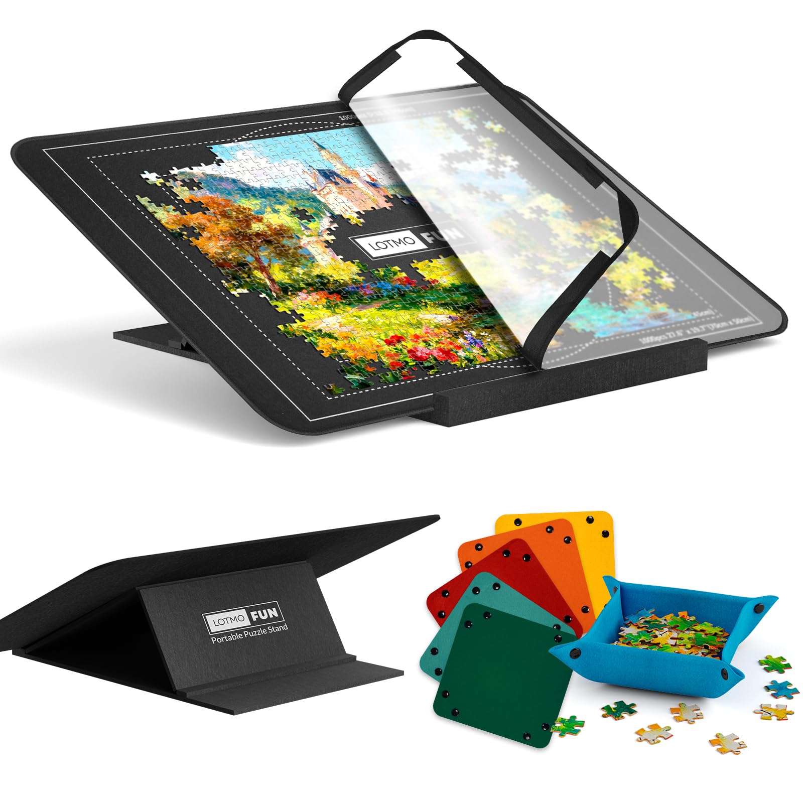 LOTMOFUN Jigsaw Puzzle Board for 1000 Pieces with Angle Adjustable Stand, Patented Lightweight Felt Jigsaw Board with 6 Sorting Trays & Cover, Jigsaw Puzzle Table with Storage & Non-Slip Surface