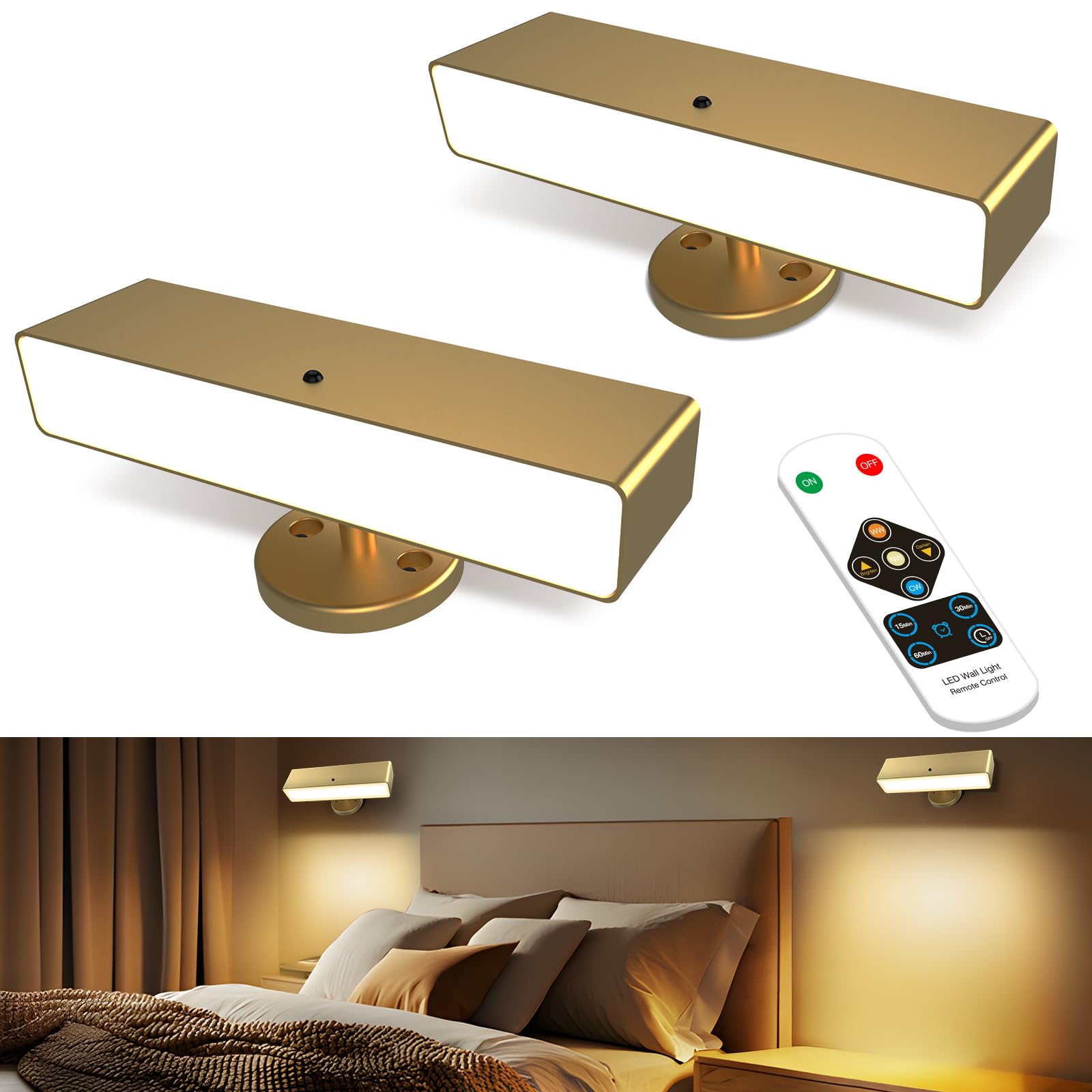 Photo 1 of Battery Powered Wall Sconce Lights Set of Two: Gold Rechargeable Wall Lights with Remote, Wireless LED Wall Mounted Lights, 360° Rotation Magnetic Cordless Scone Lighting for Bedroom Living Room