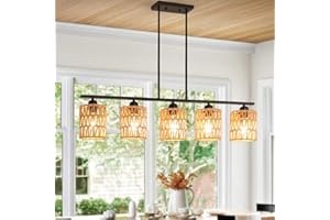 LYEVJEER Boho Kitchen Island Light Fixture,39.4" Linear Chandelier for Dining Room,5-Light Rustic Pendant Lights Over Table,Handmade Woven Light Fixture,Farmhouse Wicker Chandeliers for Kitchen Islands