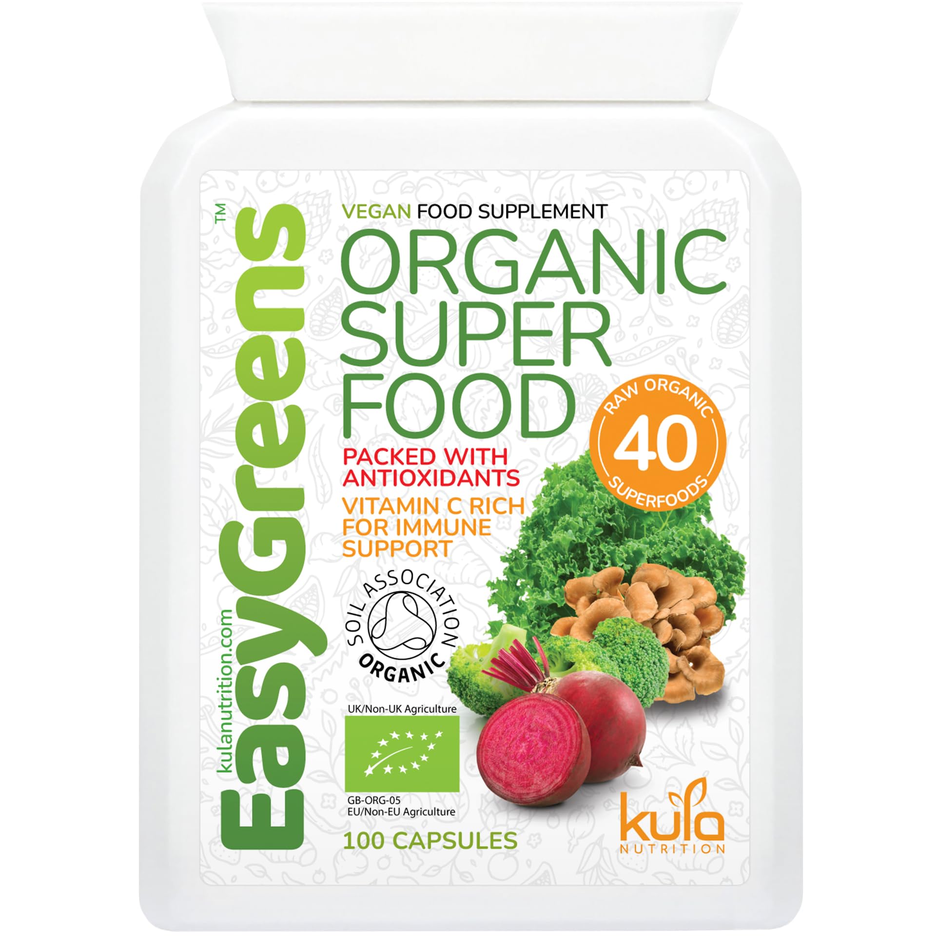 EasyGreens - Organic Greens Superfood Capsules – 100 Vegan Capsules - Soil Association Certified Natural Vitamin and Mineral - 40 Raw Greens, Fruits, Vegetables, Mushrooms, Sprouts, Seeds and Herbs