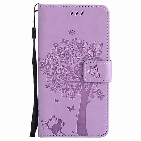 Yiizy Handyhülle für Huawei Honor 5C/Honor 7 Lite Hülle, Tree Cat Embossed Entwurf PU Ledertasche Beutel Tasche Leder Haut Schale Skin Schutzhülle Cover Stehen Kartenhalter Stil Schutz (Licht Lila)