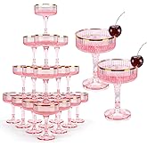 30 Pack Pink Champagne Glasses Tower 7 OZ Plastic Coupe Glasses With Gold Rim Stackable Martini Glasses Champagne Coupe Glass Stemmed Champagne Glass For Weddings Birthday Party Bar Hosting Glassware