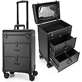 Yokilly Rolling Makeup Train Case, Professional Cosmetology Case on Wheels, Aluminum Cosmetic Trolley Travelling Cart Trunk with Swivel Wheels, Sliding Drawer & Keys for Nail Technician Stylist(Black)