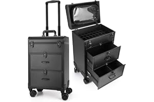 Yokilly Rolling Makeup Train Case, Professional Cosmetology Case on Wheels, Aluminum Cosmetic Trolley Travelling Cart Trunk with Swivel Wheels, Sliding Drawer & Keys for Nail Technician Stylist(Black)