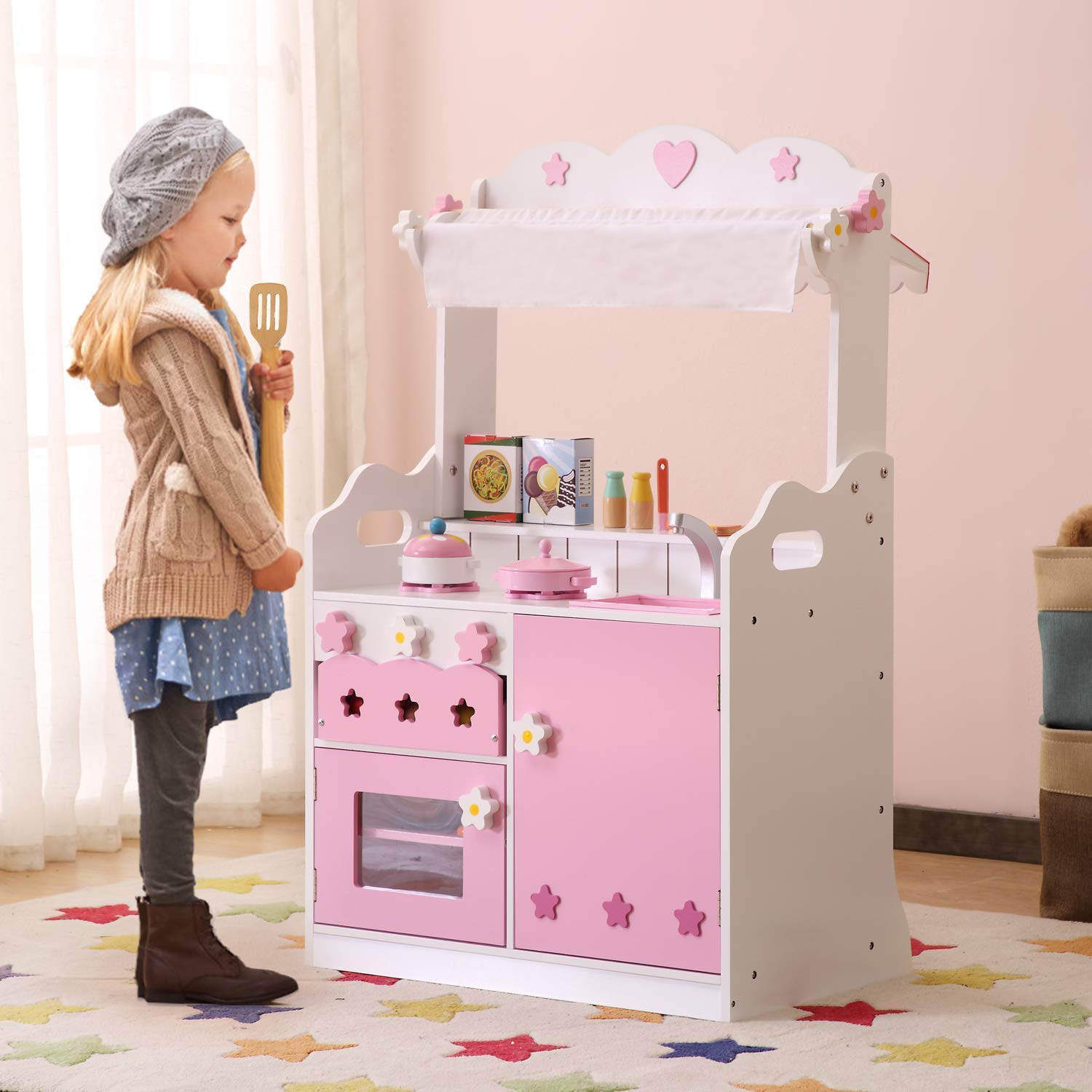 Hiliroom Kids Kitchen Playset Wooden Role Play Kitchen Sets