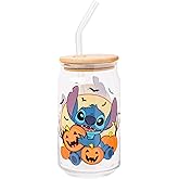 Silver Buffalo Disney Lilo and Stitch Halloween Spooky Pumpkin Patch Jack-O-Lantern Glass Jar Tumbler with Bamboo Lid and Glass Straw, 16 Ounces
