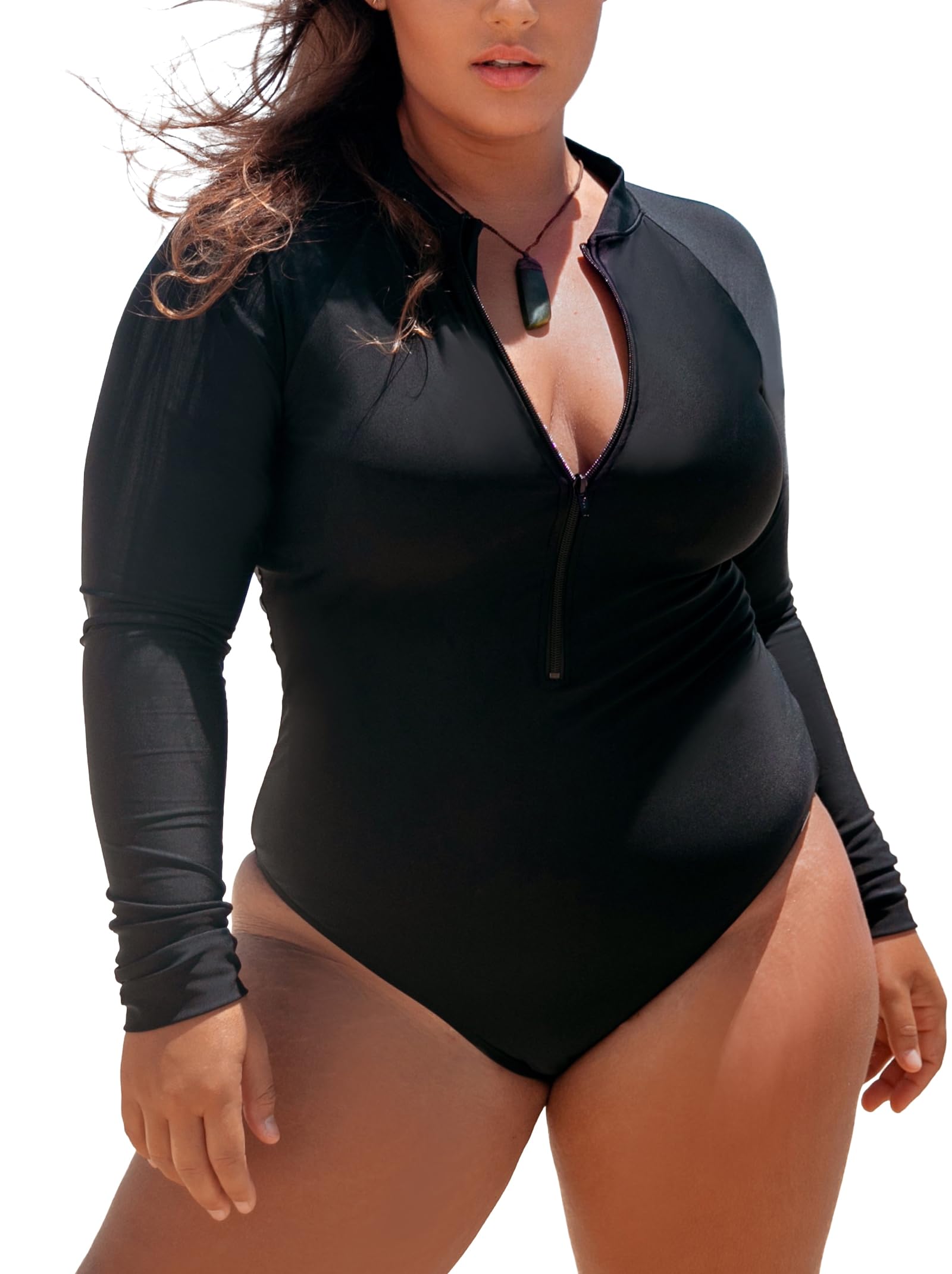 Photo 1 of Ocean Blues Women's Long Sleeve Rash Guard Printed Surfing Swimsuit Zipper One Piece Bathing Suit Black Size X-Large