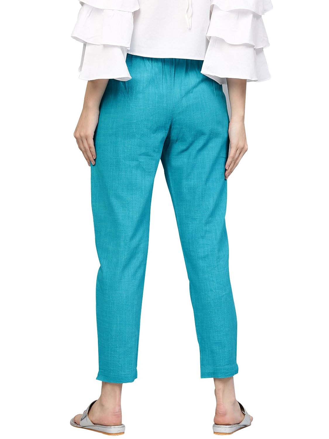 jaipur kurti women's turquoise blue solid cotton slub pants