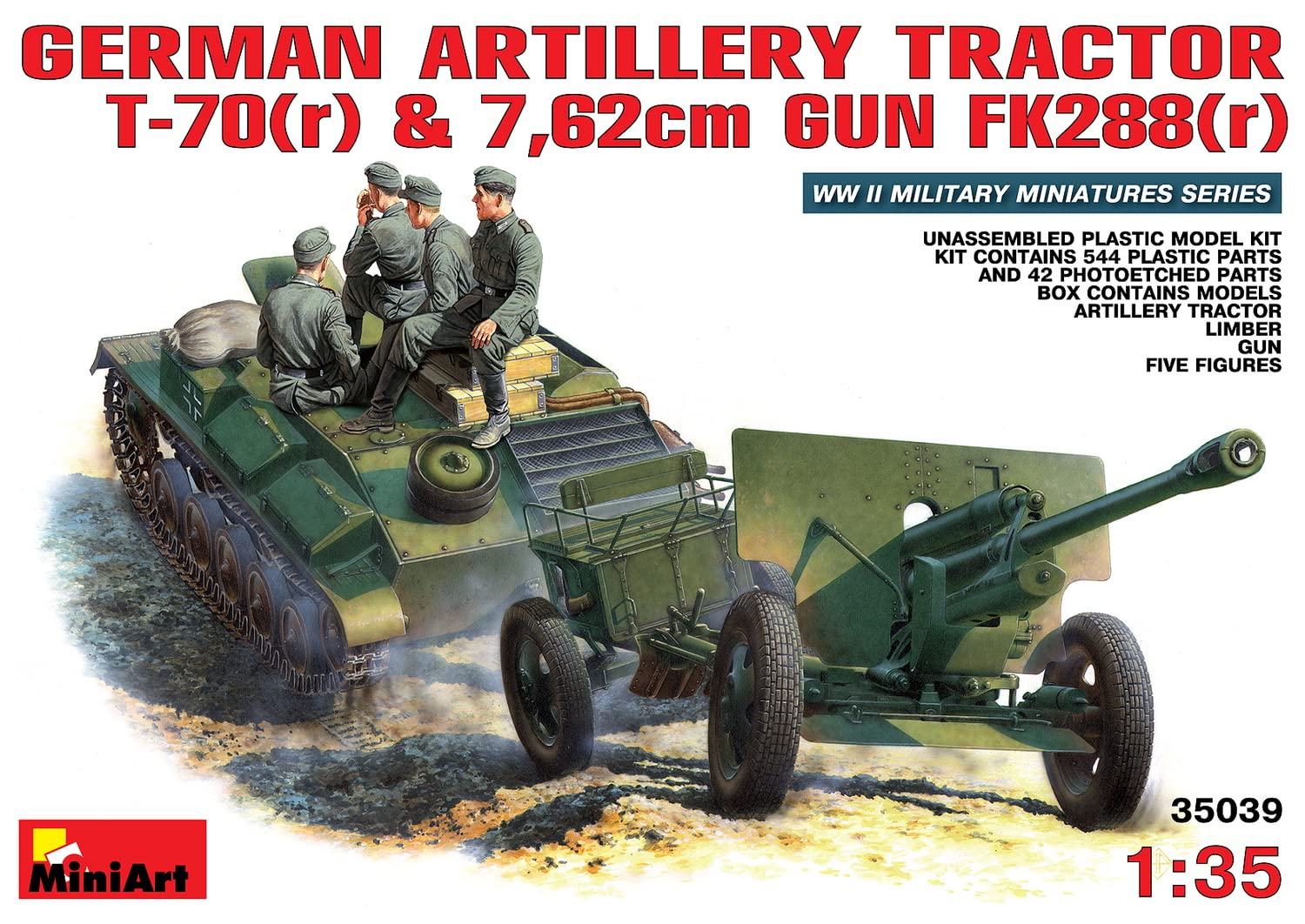 Miniart 1:35 Scale German artillery tractor T-70 & 7.62cm gun FK288 w/Crew Plastic Model Kit