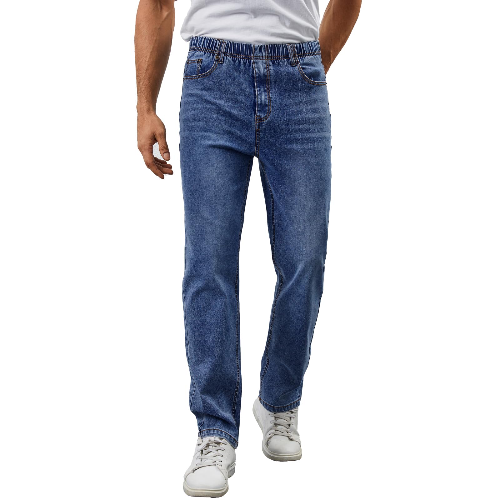 Photo 1 of WICUSION Mens Elastic Waist Jeans Relaxed Fit Stretch Denim Pants Straight Leg Jean with Zipper, Blue L