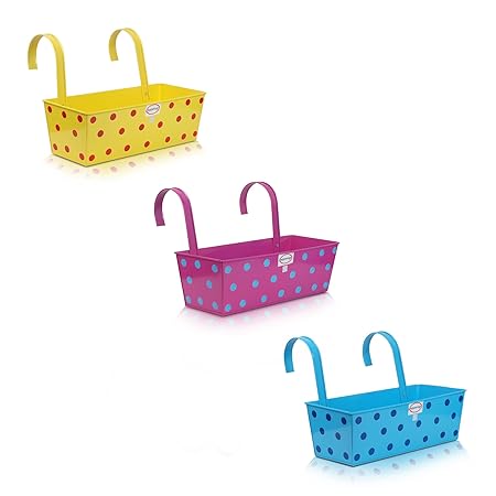 Pepper Agro Gardening Railing Balcony Planter Decorative Polka Dotted Hanging Pots large Metal Plant container Sky Blue,Pink,Yellow Set of 3