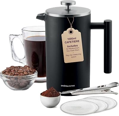 Andrew James Double Walled Stainless Steel Cafetiere 1000ml Black Gift Set