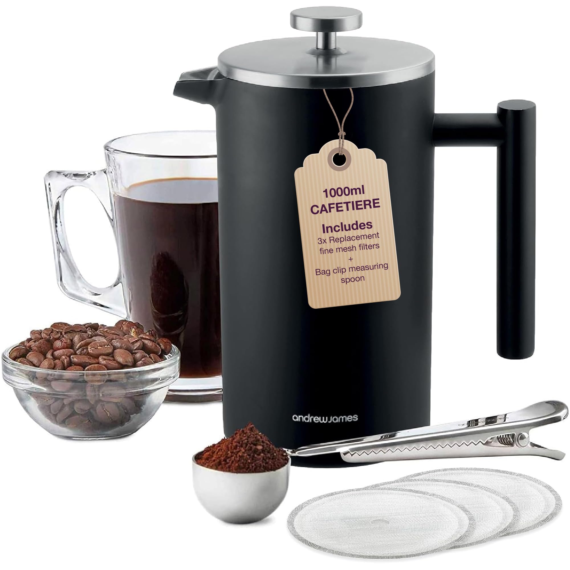 andrew james Double Walled Stainless Steel Cafetiere Gift Set With 3 Mesh Filters, Coffee Measuring Spoon And Bag Sealing Clip, Delicious French Press Coffee, Easy to Clean (1000ml, Black)