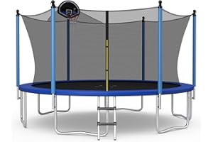 GYMAX Trampoline for Kids, ASTM Approved 12FT 14FT 15FT 16FT Recreational Toddler Trampoline with Enclosure Net, Basketball H