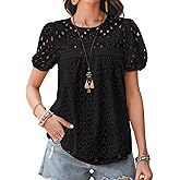 Falechay Womens Summer Tops Crewneck Short Sleeve Shirts Casual Babydoll Chiffon Blouses Eyelet Flowy Lace Hem Boho Clothing