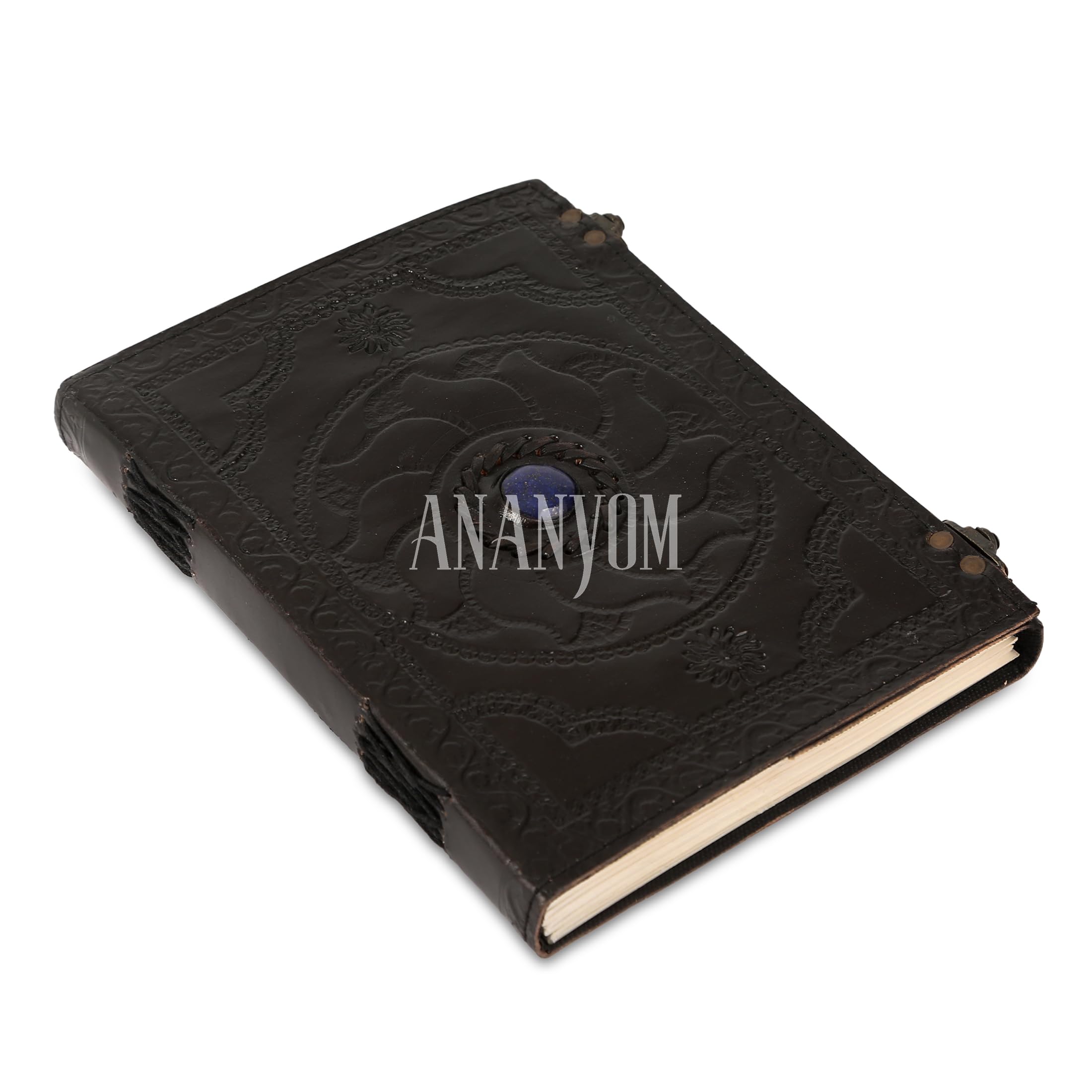 ANANYOM Handmade Leather Journal, Black, Lapis Lazuli Stone Hand Embossed Design, Genuine Leather Notebook Diary, Sketchbook with Brass Clasp Lock, Embossed Journal for Men & Women, Office Journal