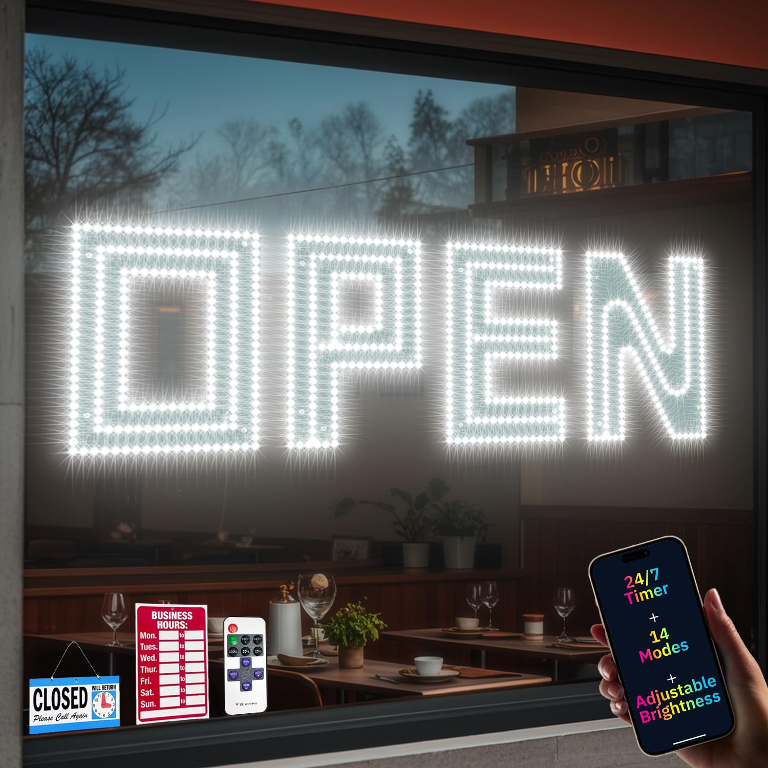 Photo 1 of 30"x10" Large LED Open Sign with Bluetooth, Remote & Timer Control – Super Bright Dimmable Business Sign for Storefront, Bar, Salon, Cafe, Retail Shops White